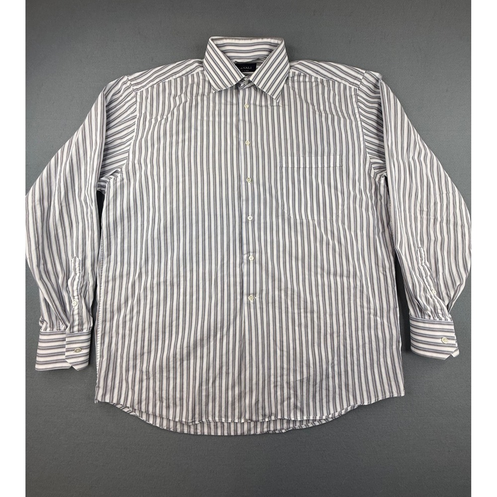 Canali‎ Button Down Shirt Men 17 43 White Blue Brown Striped Long Sleeve Pocket